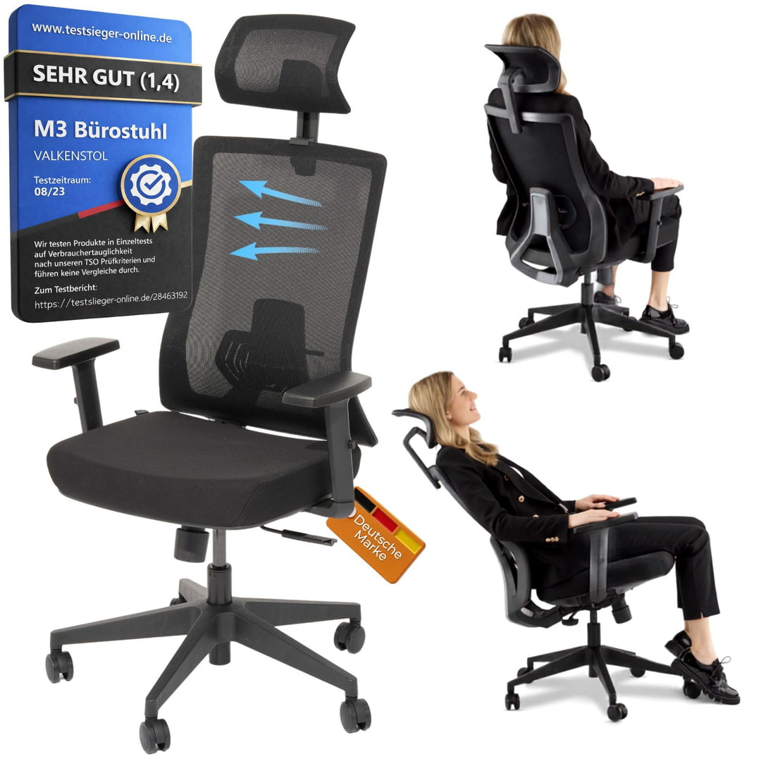 VALKENSTOL M3 Ergonomischer Bürostuhl 150 kg – [Höhenverstellbare Lordosenstütze] Schreibtischstuhl