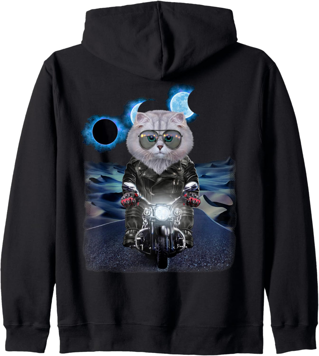 Weisse Katze auf Motorrad während Sonnenfinsternis Kapuzenjacke