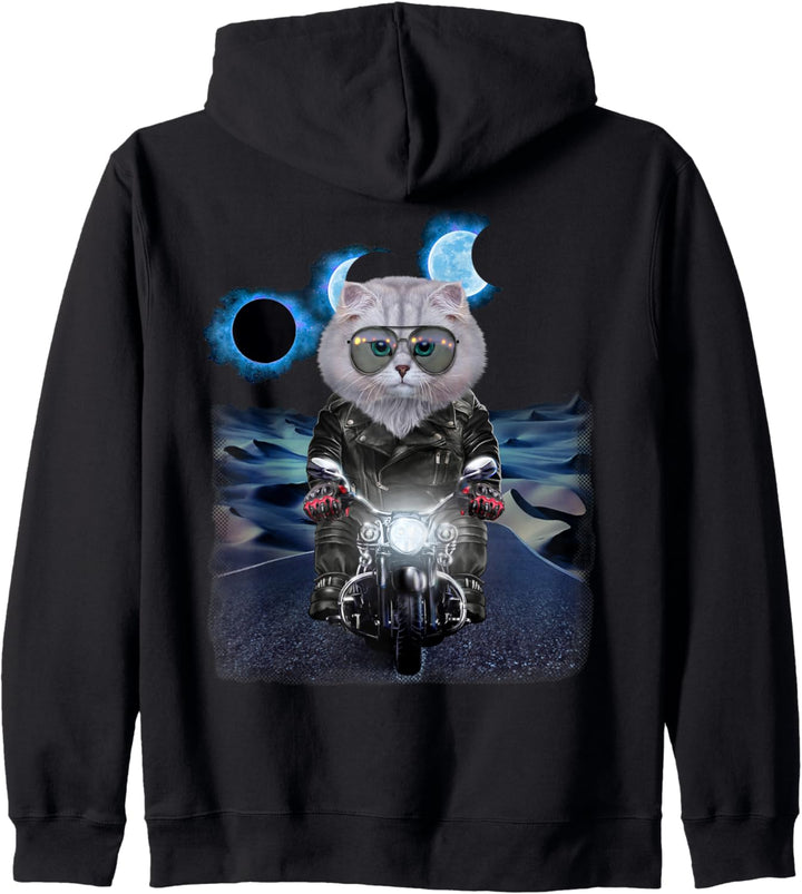 Weisse Katze auf Motorrad während Sonnenfinsternis Kapuzenjacke
