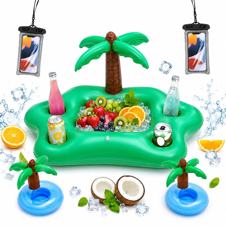 MINGBOLIN Aufblasbarer Getränkehalter Poolbar Set 5 Stück Pool Getränkehalter mit 2 Mini-Palmen &amp; 2
