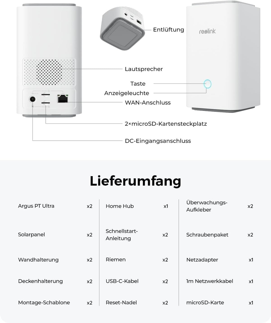 Reolink 4K PT Solar Überwachungskamera Aussen Set Outdoor Akku mit Home Hub, 360° Schwenkbare, Farbn