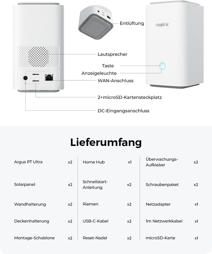 Reolink 4K PT Solar Überwachungskamera Aussen Set Outdoor Akku mit Home Hub, 360° Schwenkbare, Farbn