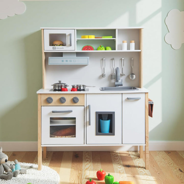 GOPLUS Kinderküche Holz, Kinderspielküche mit Mikrowelle, Spüle, Wasserhahn, Gasherde, Abzugshaube,