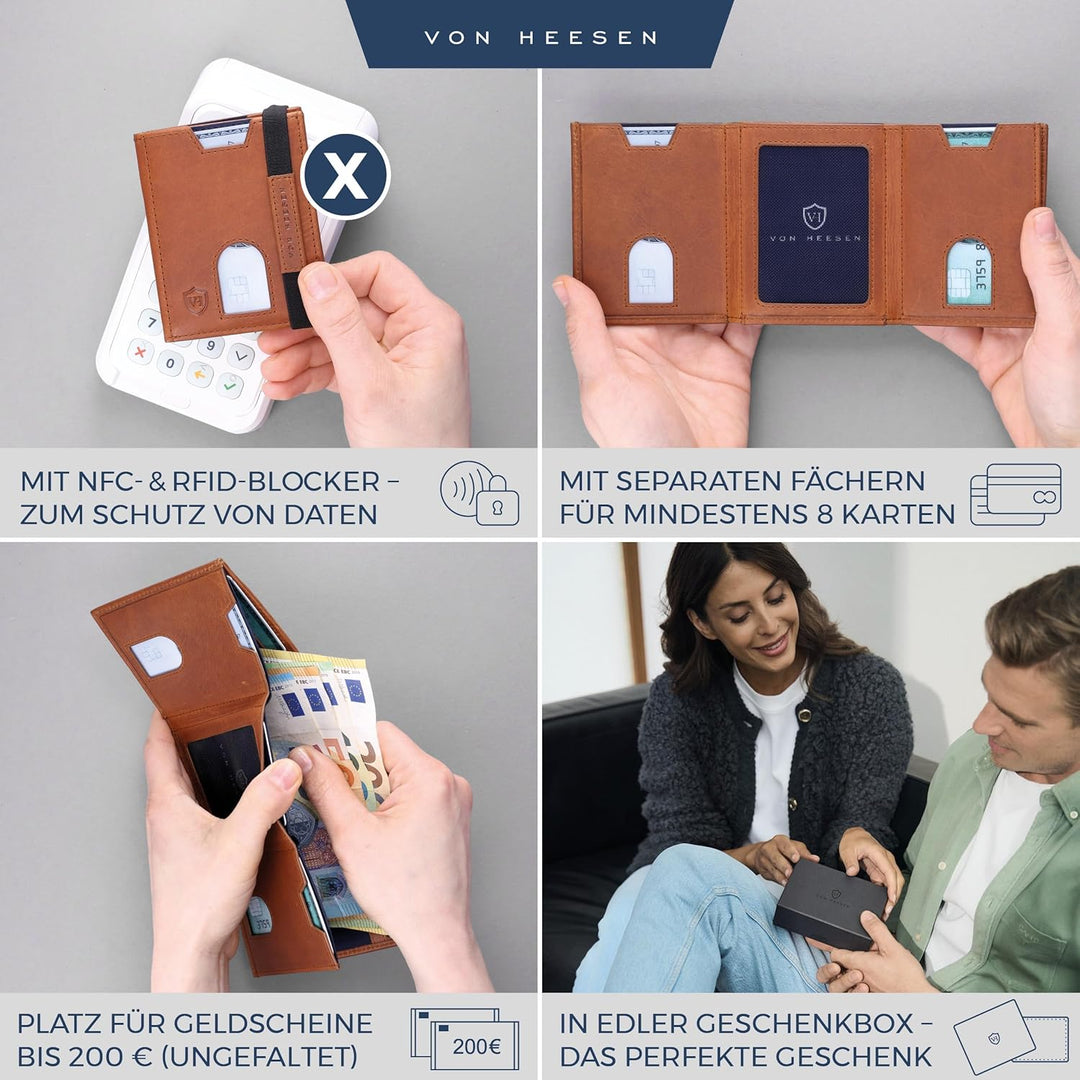 VON HEESEN Slim Wallet mit XL Münzfach & RFID-Schutz - Leder Geldbeutel - Mini Geldbörse für Herren