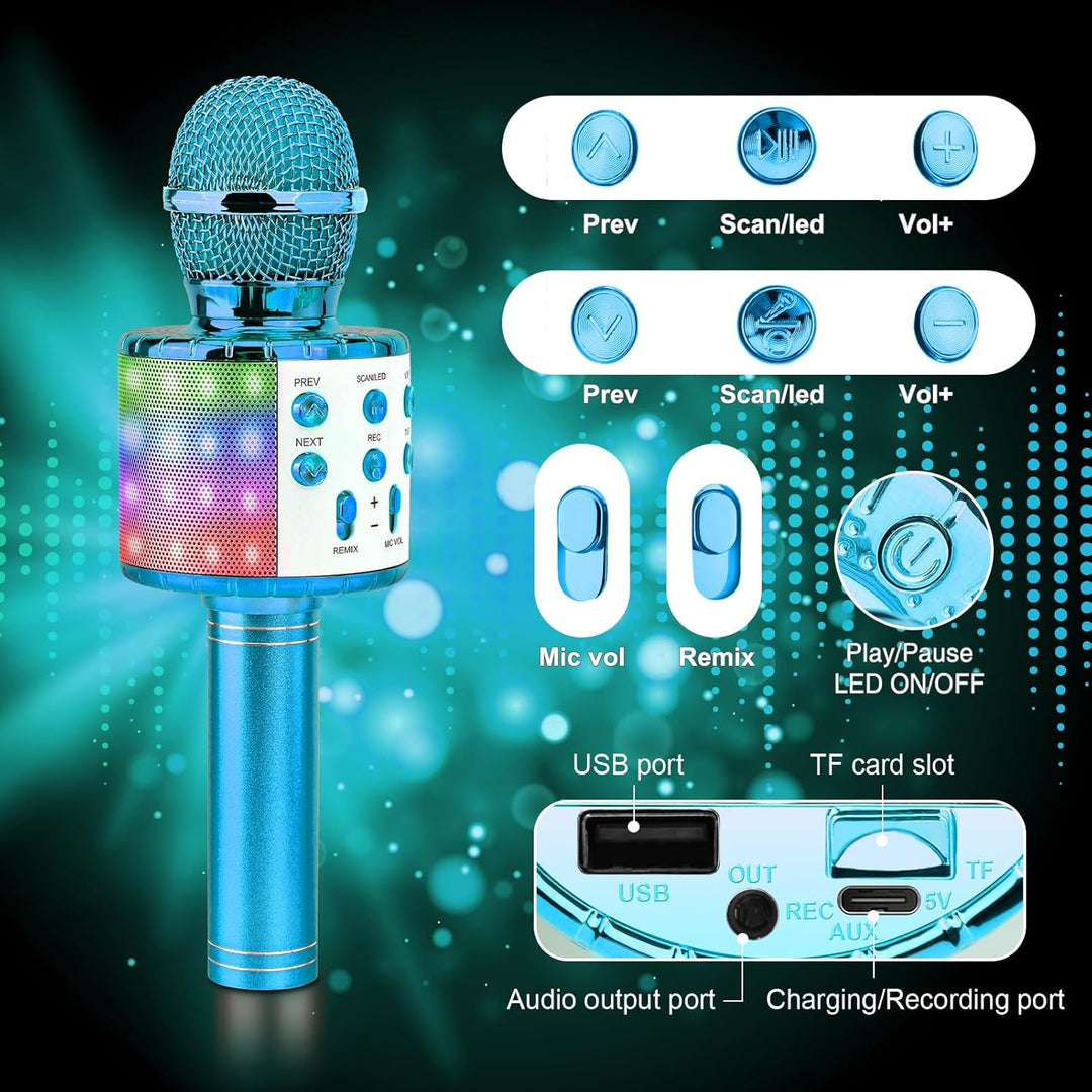 ShinePick Mikrofon Kinder, 4-in-1 Drahtloses Bluetooth Karaoke Mikrofon, Tragbare LED Microphone für