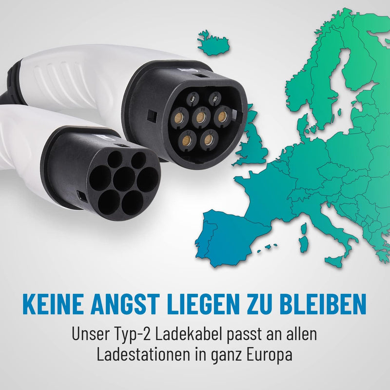 ABSINA Typ 2 Ladekabel 22kW & 32A für Hybrid & Elektroauto - 7,5 Meter Auto Ladekabel Typ2 3 phasig