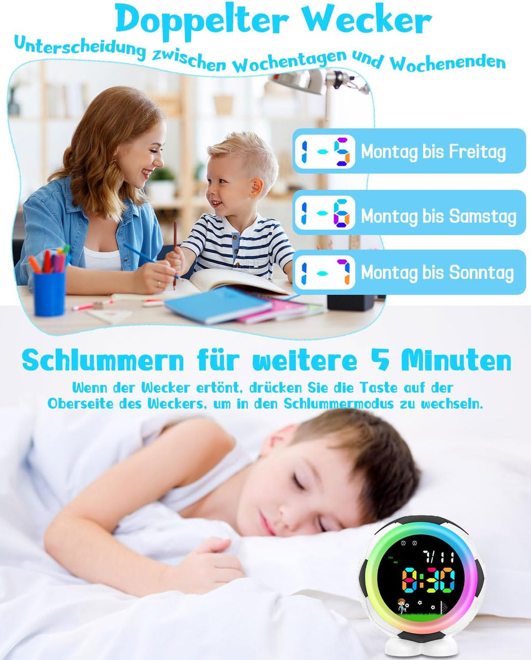 Fussball Wecker Kinder für Jungen Und Mädchen 4–15 Jahre | Digitaler Wecker mit Nachtlicht Und Schlu