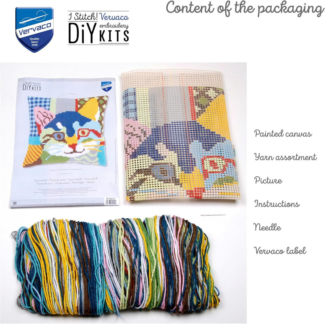 Vervaco Kreuzstichkissen Katze, Patchwork Stil, Stickbild vorgezeichnet Kreuzstichpackung Kissen, vo