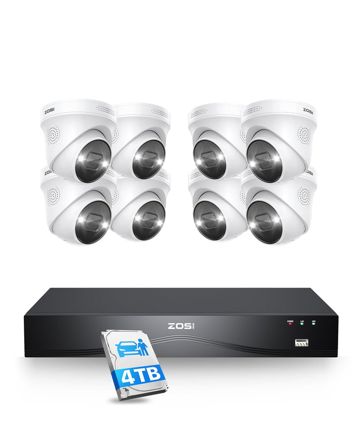 ZOSI 4K Outdoor Surveillance Camera Set, 8X 8MP PoE Outdoor Camera with Person Detection, 4TB HDD NV