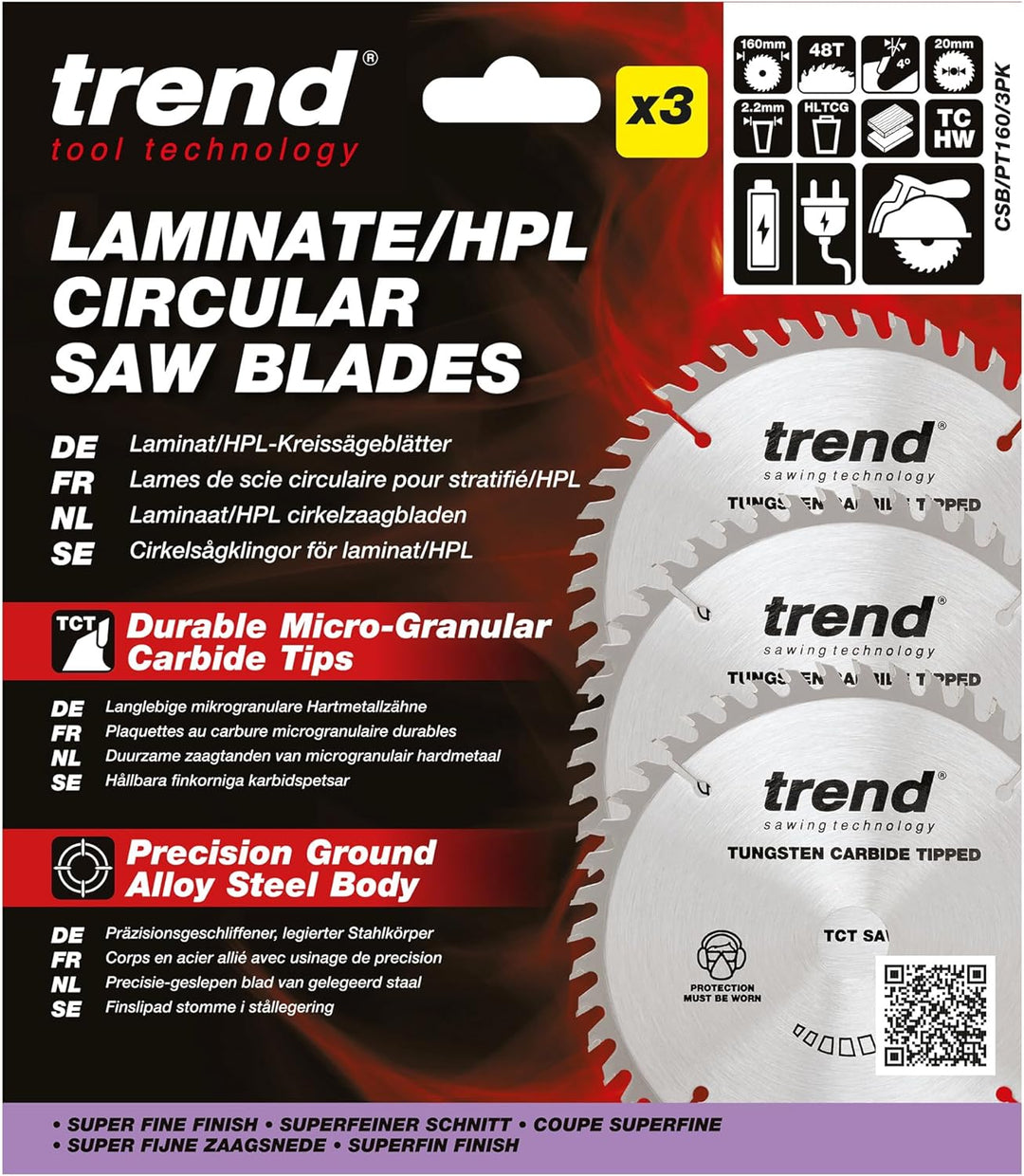 Trend CraftPro Dreierpack TCT-Kreissägeblätter, 160mm Durchmesser x 48 Zähne x 20mm Bohrung, Hartmet