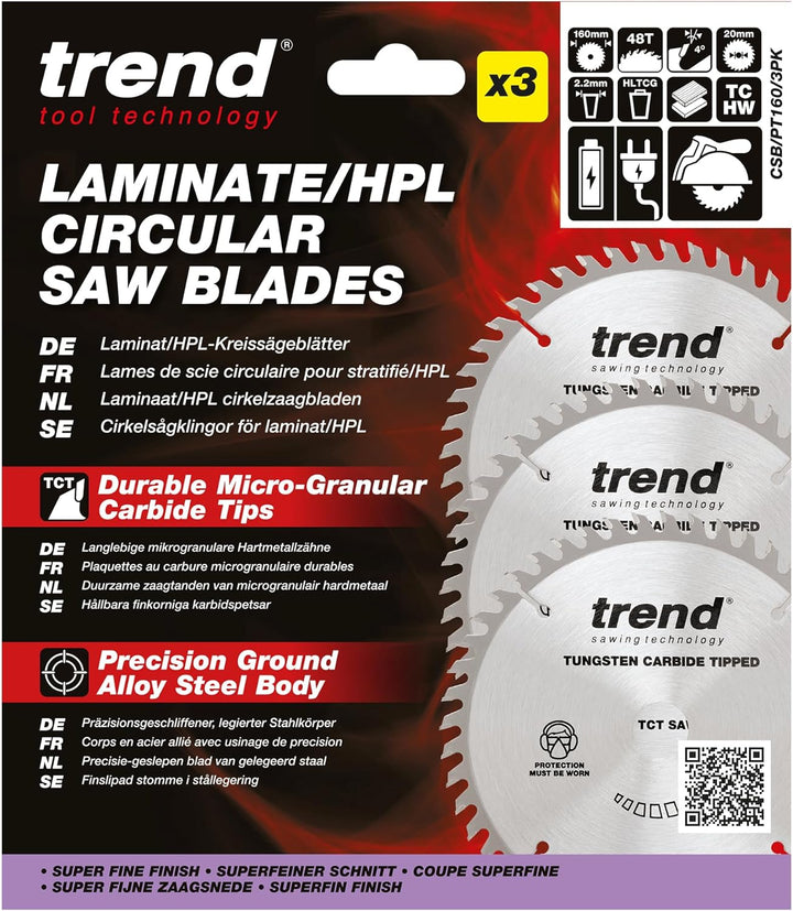 Trend CraftPro Dreierpack TCT-Kreissägeblätter, 160mm Durchmesser x 48 Zähne x 20mm Bohrung, Hartmet