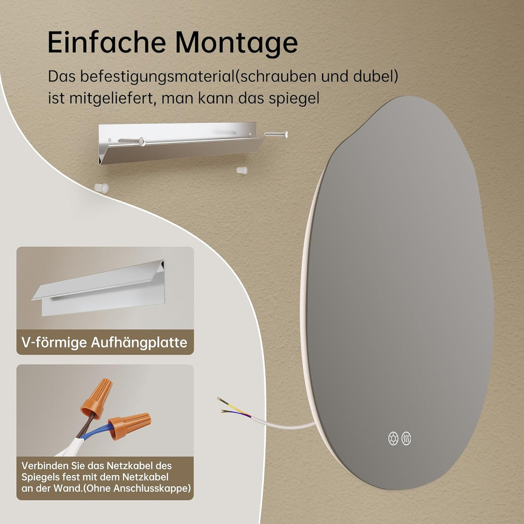 Spiegel mit Beleuchtung Asymmetrischer LED Badspiegel 60 x 80 cm mit Touch-Schalter, Dimmbar 3 Licht