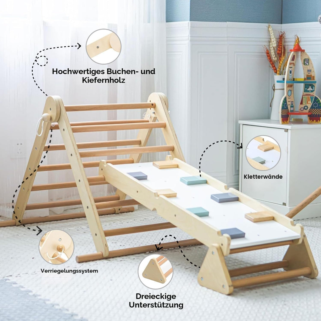 Mamabrum Holzspielplatz für Kinder – Klettergerüst, Dreieck, Leiter & Balancierpfad – 3-in-1 Multifu