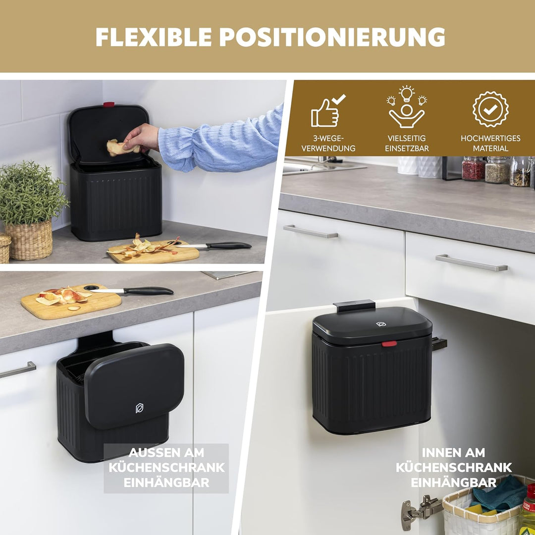 eluno Abfalleimer, Küchenmülleimer mit Schiebedeckel zum Hängen, Stellen oder Kleben, 3 Liter Fassun