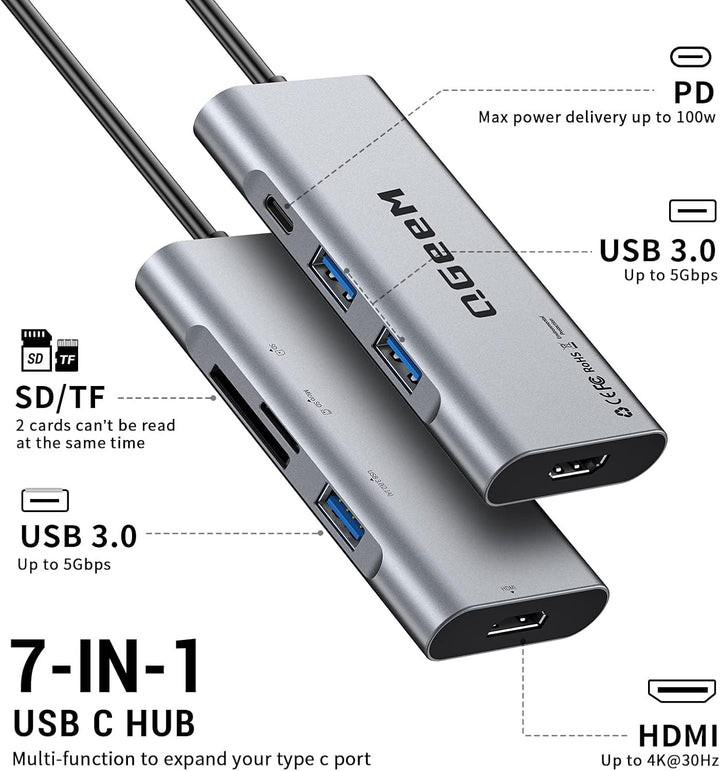QGeeM USB C Hub, USB C auf HDMI Adapter, 4K 7 in 1 USB C Dongle mit 100W Stromversorgung, 3 USB 3.0