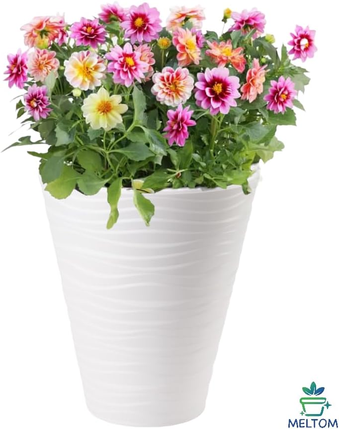 MELTOM Blumenkübel Blumentopf Rund 3D Effekt Slim Weiss Pflanzkübel mit Herausnehmbaren Einsatz (L),