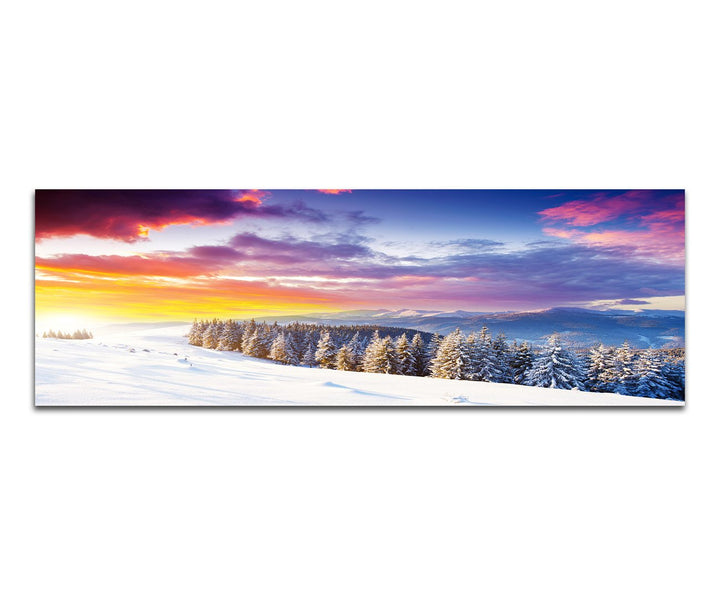 Paul Sinus Art Panoramabild auf Leinwand und Keilrahmen 150x50cm Ukraine Wald Schnee Berge Sonnenauf