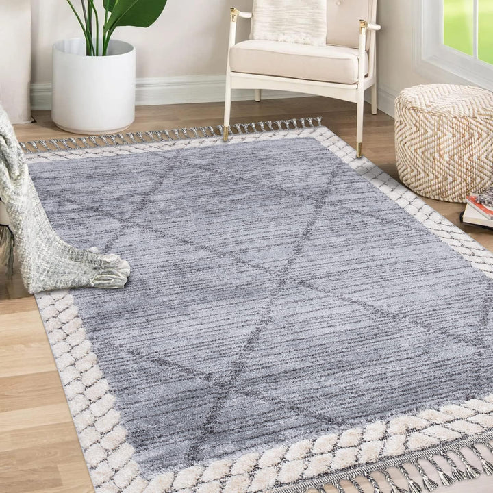 payé Teppich Wohnzimmer - Abstrak Raute - 80x150cm - Creme Grau Blau - Fransen Deko Boho Flauschig -