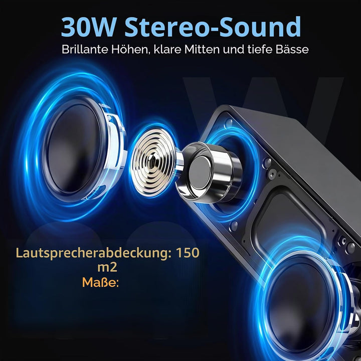 IKT Bluetooth Lautsprecher mit Licht, Musikbox Bluetooth 5.4, 30W Stereo Bass Boost, IPX7 Wasserdich