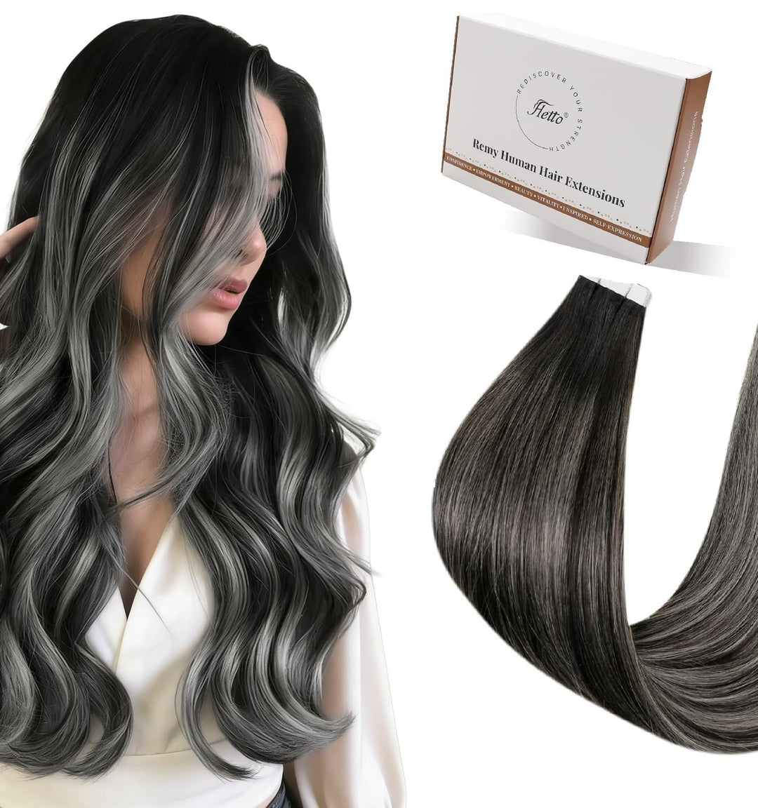 Hetto Tape Extensions Echthaar, Balayage Naturschwarz mit Silber, 35cm | 20 Stucke 50g 100% Remy Haa