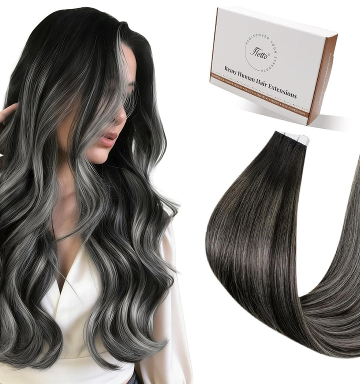 Hetto Tape Extensions Echthaar, Balayage Naturschwarz mit Silber, 35cm | 20 Stucke 50g 100% Remy Haa