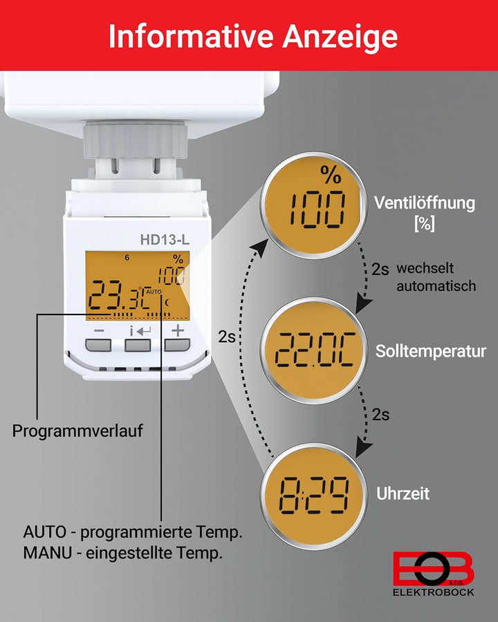 Elektrobock HD13-L Programmierbarer Heizkörperthermostat, 280 W, 230 V, Weiss, Kompakt