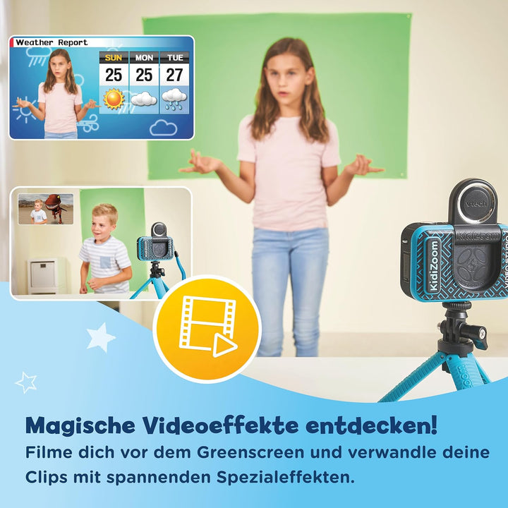 VTech Kidizoom Video Studio HD blau – Kinderkamera mit Greenscreen, Stativ, Effekten, Selfielinse un
