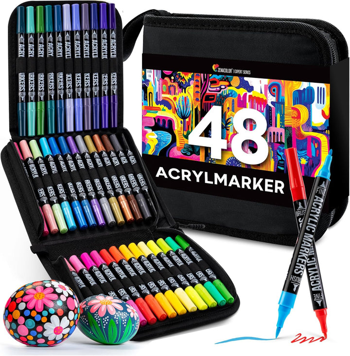 Zenacolor 48 Acrylstifte für Steine wasserfest mit Doppelspitze (feine Spitze und Pinsel) - Acrylsti