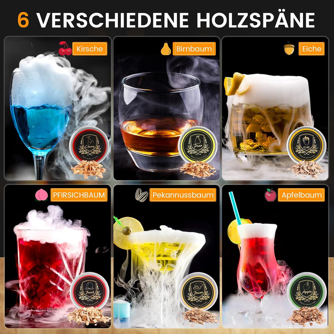 Whiskey Cocktail Smoker Set mit Brenner, 6 Geschmacksrichtungen Holzspäne, 2 Gläser, 2 Eisball-Forme