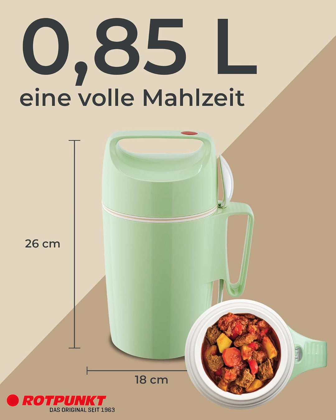 ROTPUNKT Thermobehälter für Essen 0,85L inkl. Löffel – Thermo Lunchbox Heiss & Kalt I Made in German