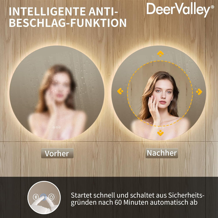 DeerValley Badspiegel mit Beleuchtung 80cm, Anti Beschlag LED Spiegel mit 3-Fach Vergrösserung, 3 Fa