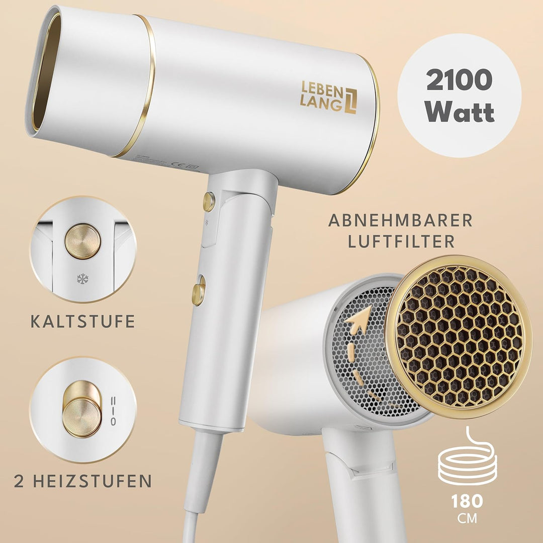 LEBENLANG Föhn Haartrockner Ionen 2100W - Anti-Spliss mit Kaltluft Modus | Reisefön klappbar klein &amp;