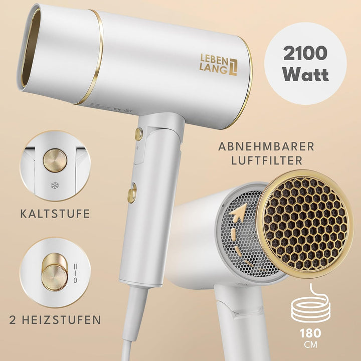 LEBENLANG Föhn Haartrockner Ionen 2100W - Anti-Spliss mit Kaltluft Modus | Reisefön klappbar klein &amp;
