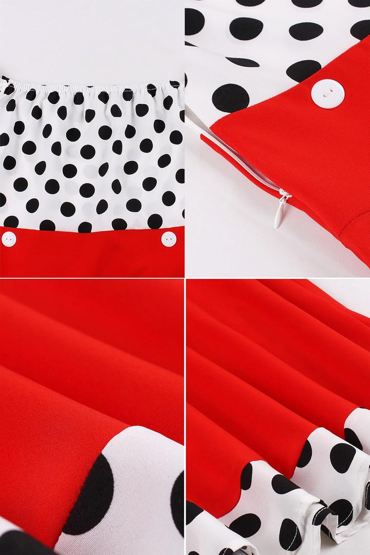 AXOE Damen Schulterfrei Kleid 50er Jahre Kleid Cocktailkleid mit Polka Dots Knielang S Rot/Weiss, S