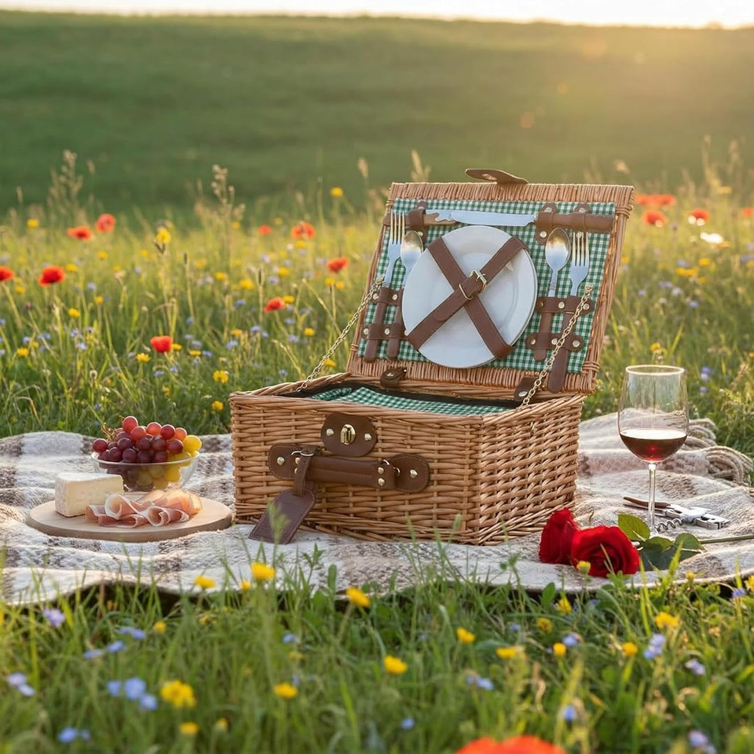 eGenuss Handgefertigtes Picknickkorb für 2 Personen mit Kühlfach, Multifunktionsmesser, Edelstahlbes