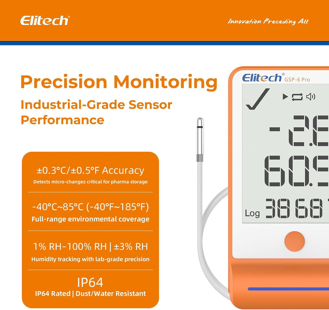 Elitech Temperatur Datenlogger, 16000 Punkte, Daten Aufzeichnungen und Export, Hohe Genauigkeit Sens