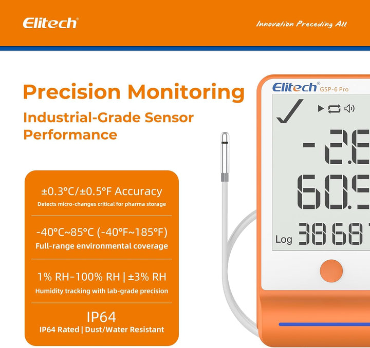 Elitech Temperatur Datenlogger, 16000 Punkte, Daten Aufzeichnungen und Export, Hohe Genauigkeit Sens