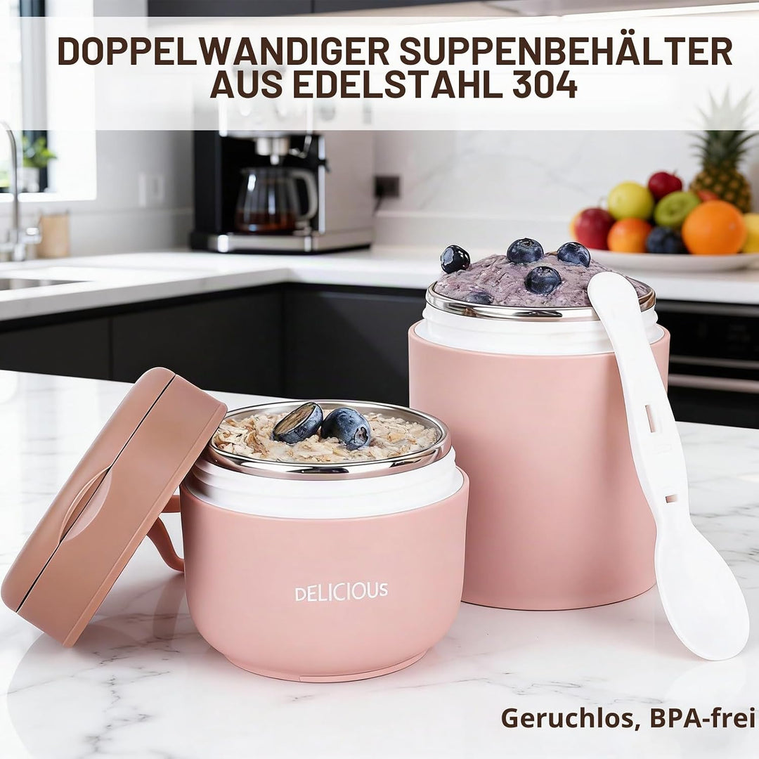 2 Stück Müslibecher To Go mit Deckel: 730ml Auslaufsicherer Edelstahl Porridge Becher mit Löffel und