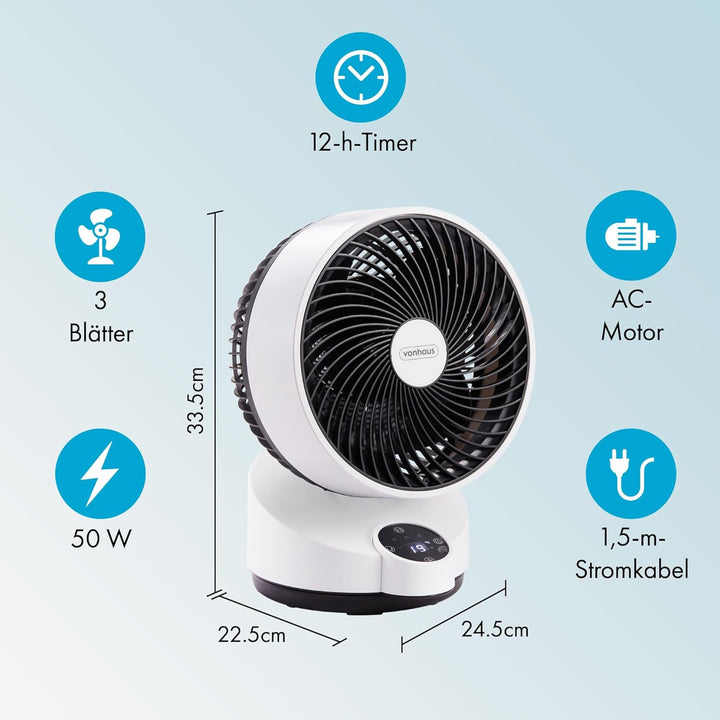 VonHaus Umluft Ventilator Leise – Tischventilator mit 3 Geschwindigkeitsstufen, 3 Modi, Fernbedienun