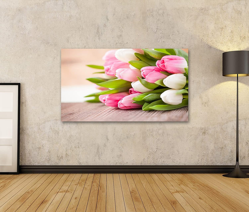 Bild auf Leinwand Strauss Tulpen Vor Frühlingsszene Wandbild Poster Kunstdruck Bilder Format: 80x40c