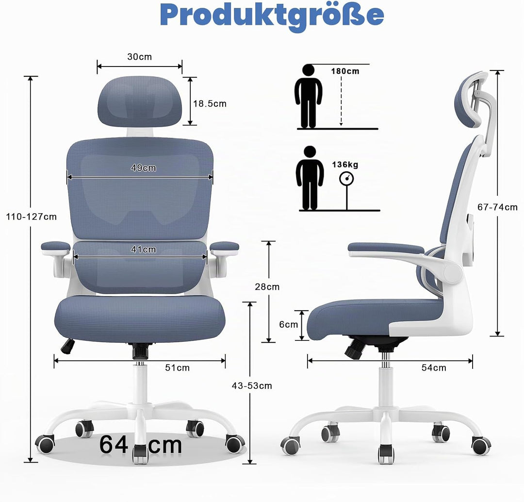 naspaluro Bürostuhl, Bürostuhl Ergonomisch mit Verstellbarer Kopfstütze, Armlehnen, Dynamischer Lord
