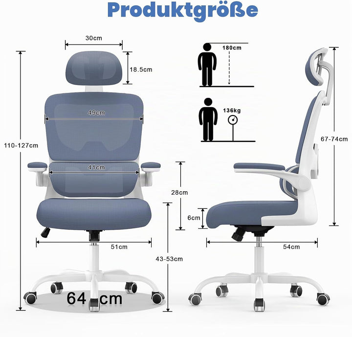 naspaluro Bürostuhl, Bürostuhl Ergonomisch mit Verstellbarer Kopfstütze, Armlehnen, Dynamischer Lord