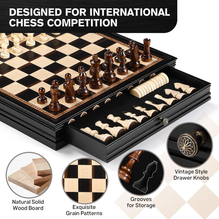 Peradix Schach Dame Spiel 2 in 1 Magnetisch Schachspiel aus Holz, 38 cm Schachbrett mit Aufbewahrung