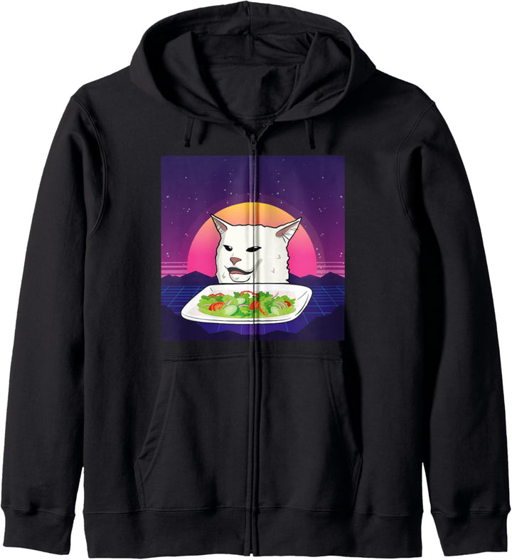 Retro vintage Angry women yelling at confused cat table Kapuzenjacke