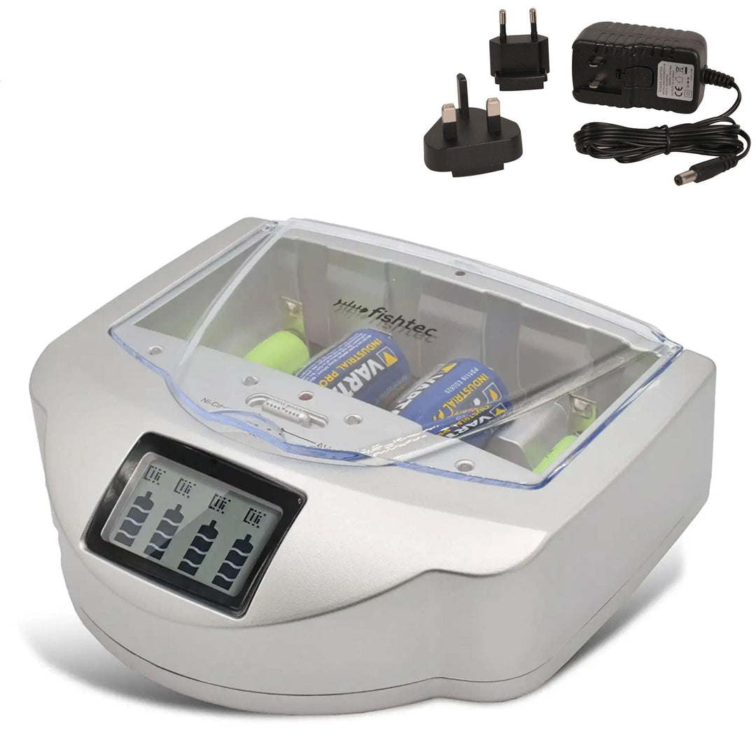 FISHTEC Universal Ladegerät für Batterien AA/LR6, AAA/LR3, C/LR14, D/LR20, 9V, NiCd und NiMh + ALKAL