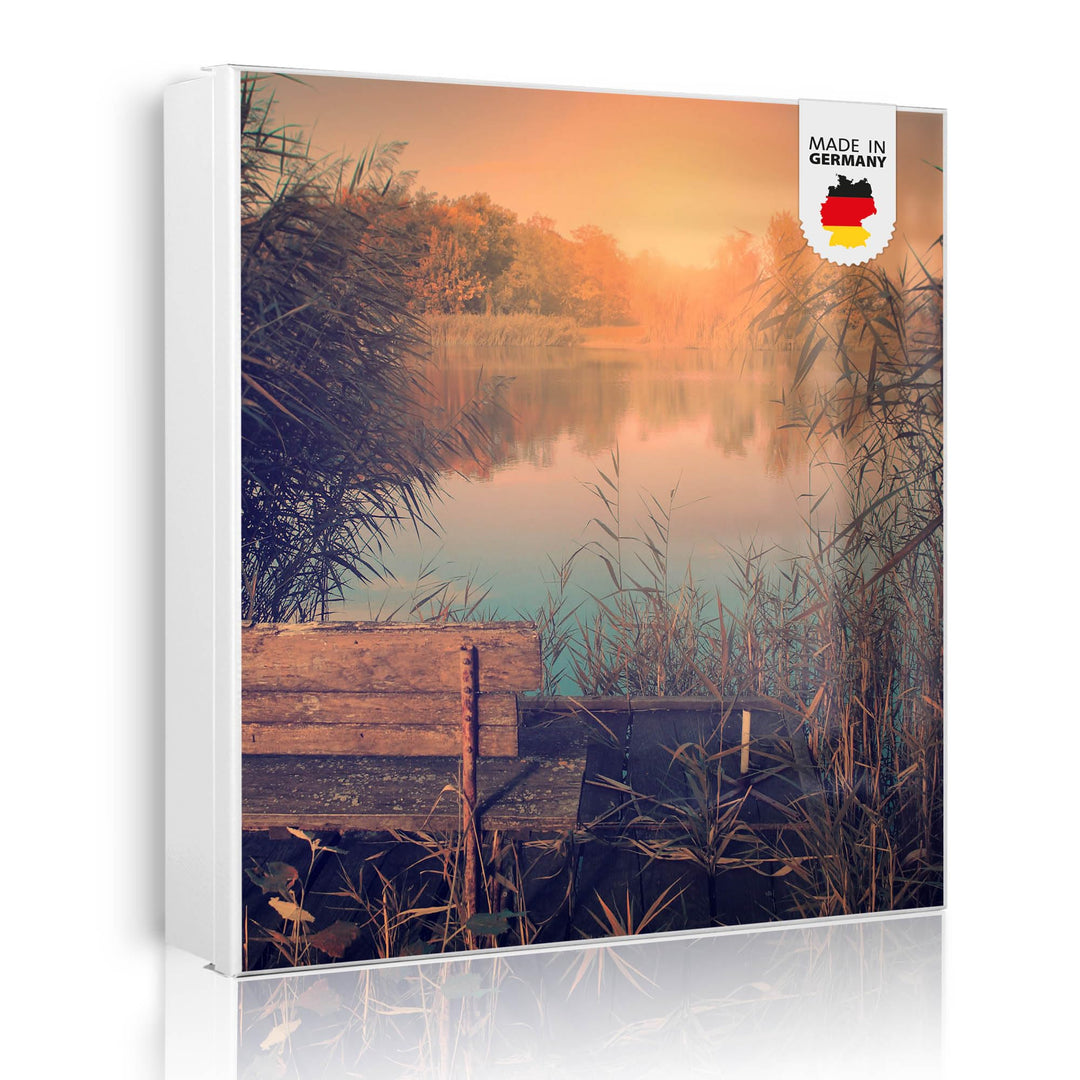 banjado® Grosser Schlüsselkasten Glas/Schlüsselbox 30cm x 30cm mit 50 Haken - Motiv Bank Am See/Schl