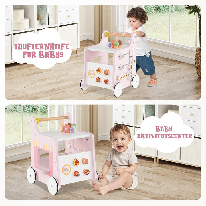 COSTWAY Lauflernwagen Holz, Lauflernhilfe mit Stauraum, Dessertladen auf Rädern mit Eiscreme, Schieb