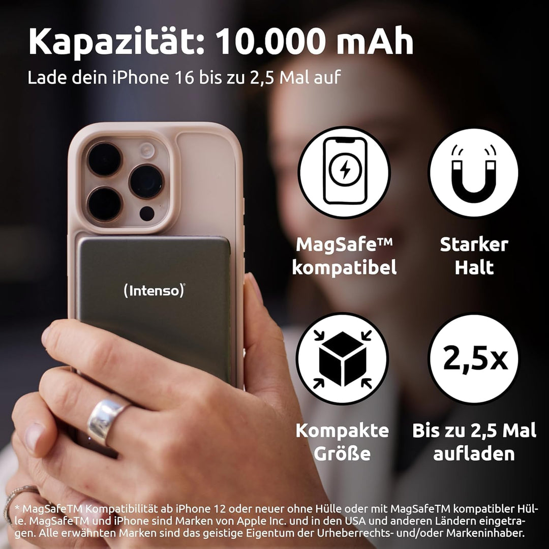 Intenso MW10000 Magnetische Powerbank 10000 mAh – MagSafe kompatibel, Wireless Charging 15W, USB-C P