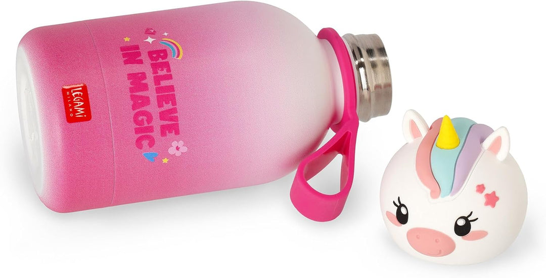 Legami - Hot&Cold BFF Kinder-Wasserflasche, Unicorn,-Motiv, doppellagig aus 18/8 Edelstahl mit luftd