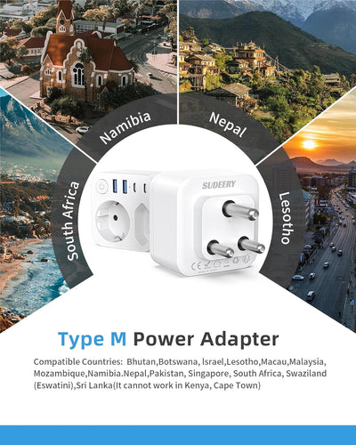 Deutschland nach Südafrika Adapter mit 4 USB (2 Typ-C), 2 Fach Reiseadapter Südafrika, Reisestecker